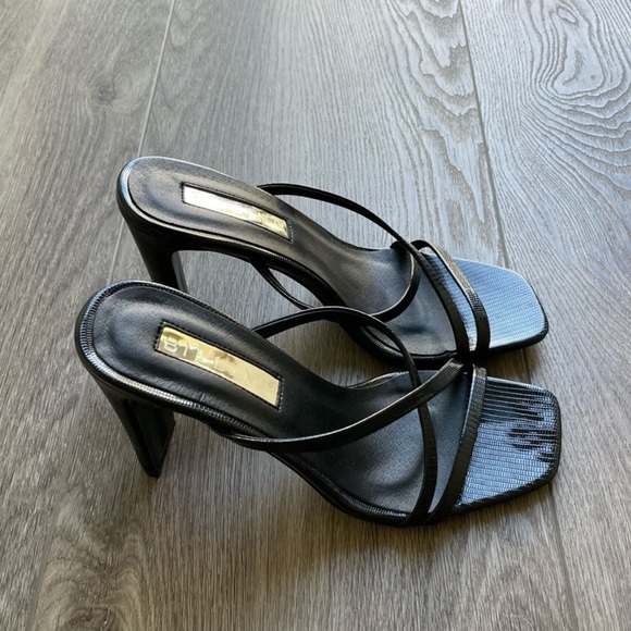 billini guinevere black scale strappy block heel slip on mules sandals size 6 - Picture 3 of 8